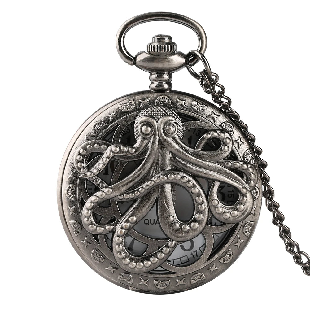Retro Octopus Pattern Quartz Pocket Watch – Arabic Numerals Dial with Necklace Chain - All you need