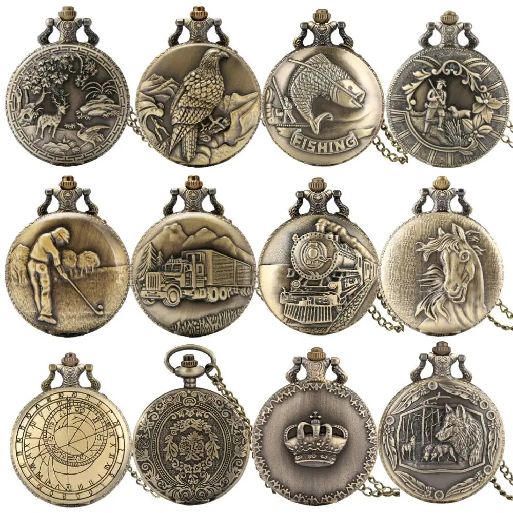 Classic Bronze Full Hunter Quartz Pocket Watch – Arabic Numerals Dial with Necklace Chain - All you need