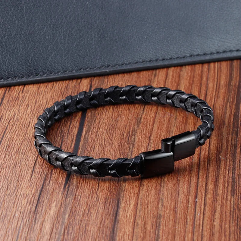 MKENDN Genuine Leather Braided Bracelet for Men – Matte Black Stainless Steel Magnetic Clasp - All you need