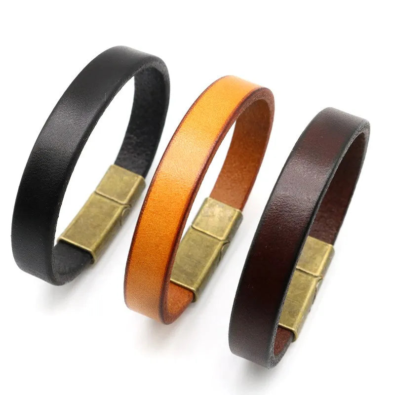 🧷 Men's Leather & Stainless Steel Bracelet – 22.5cm, Classic Open Bangle - All you need