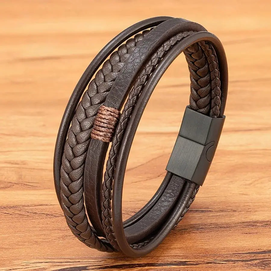 XQNI Multilayer Hand-Woven Leather Bracelet with Stainless Steel Magnetic Buckle – Men's Geometric Design - All you need