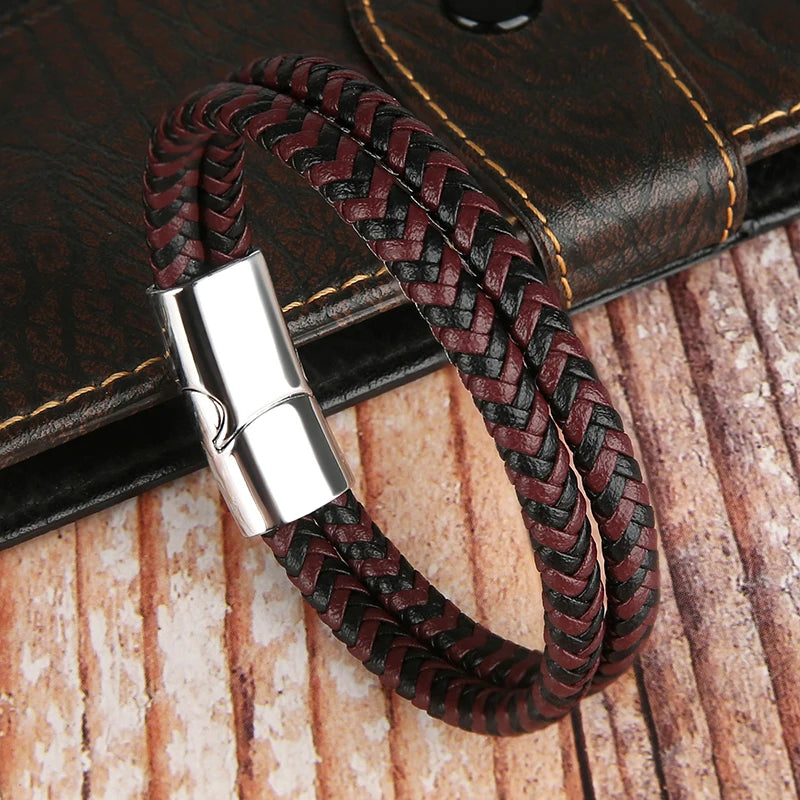 🧷 Double-Layer Braided Leather Bracelet with Magnetic Clasp – Unisex Design - All you need