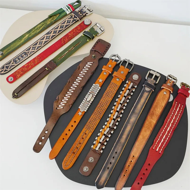 Vegetable-Tanned Cowhide Leather Cuff Bracelet – Distressed Denim Finish, Unisex Punk Style - All you need