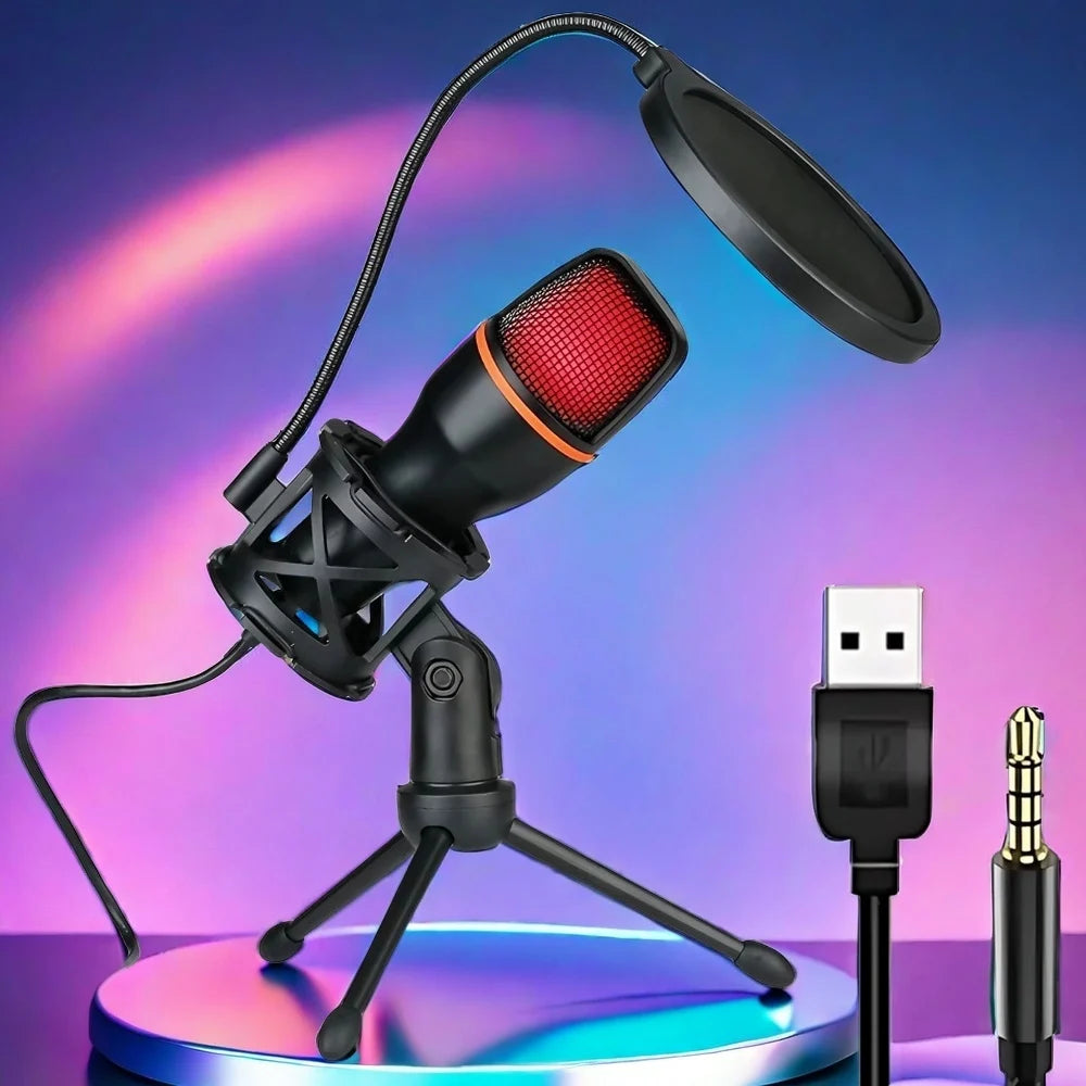 Professional Condenser Microphone Kit, RGB Lighting & Tripod Stand, PUSB & 3.5mm Condenser Microphone Kit – RGB Lighting, Noise Reduction, Tabletop Stand | For Recording, Streaming & Online Communicationerfect for Streaming, YouTube, Podcasts & Recording - All you need