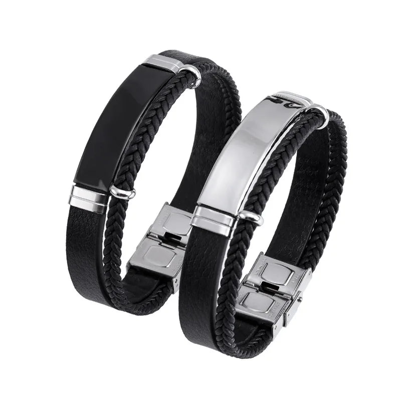 Homme Double-Layer Braided Leather Bracelet – Stainless Steel Accent - All you need