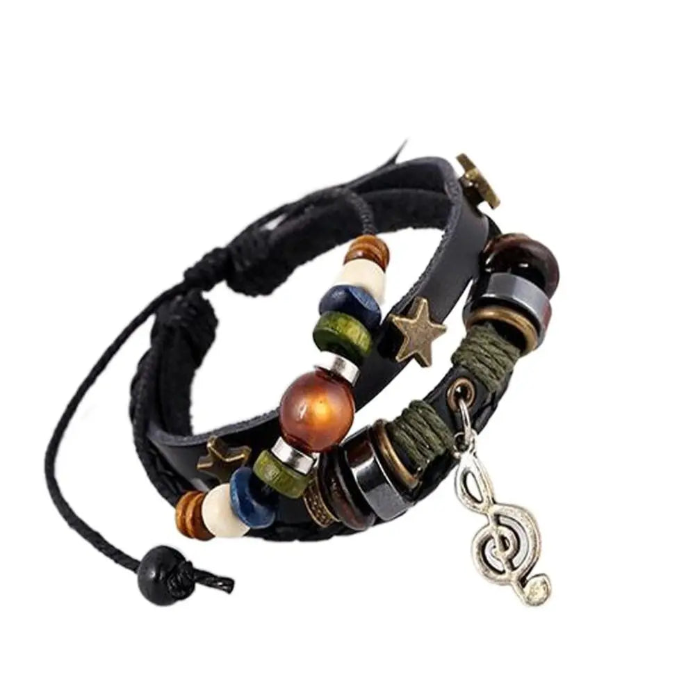 🎵 Adjustable Leather & Wood Bead Bracelet – Musical Note Charm, Braided Rope Design - All you need