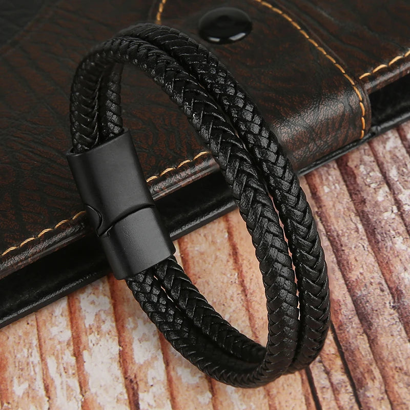 🧷 Double-Layer Braided Leather Bracelet with Magnetic Clasp – Unisex Design - All you need