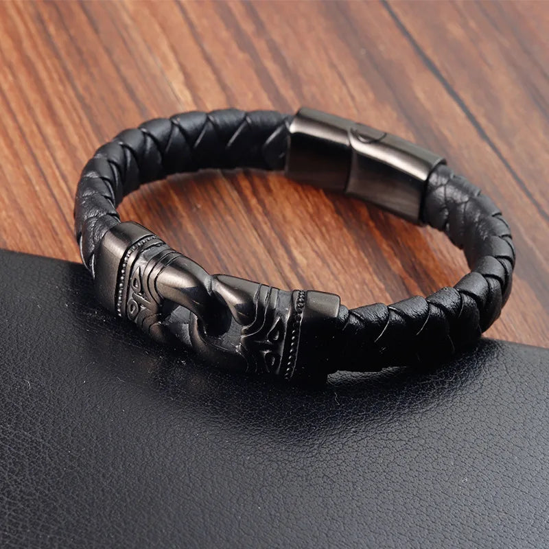 Viking-Style Men's Bracelet – Thick Braided Genuine Leather with Stainless Steel Accents - All you need