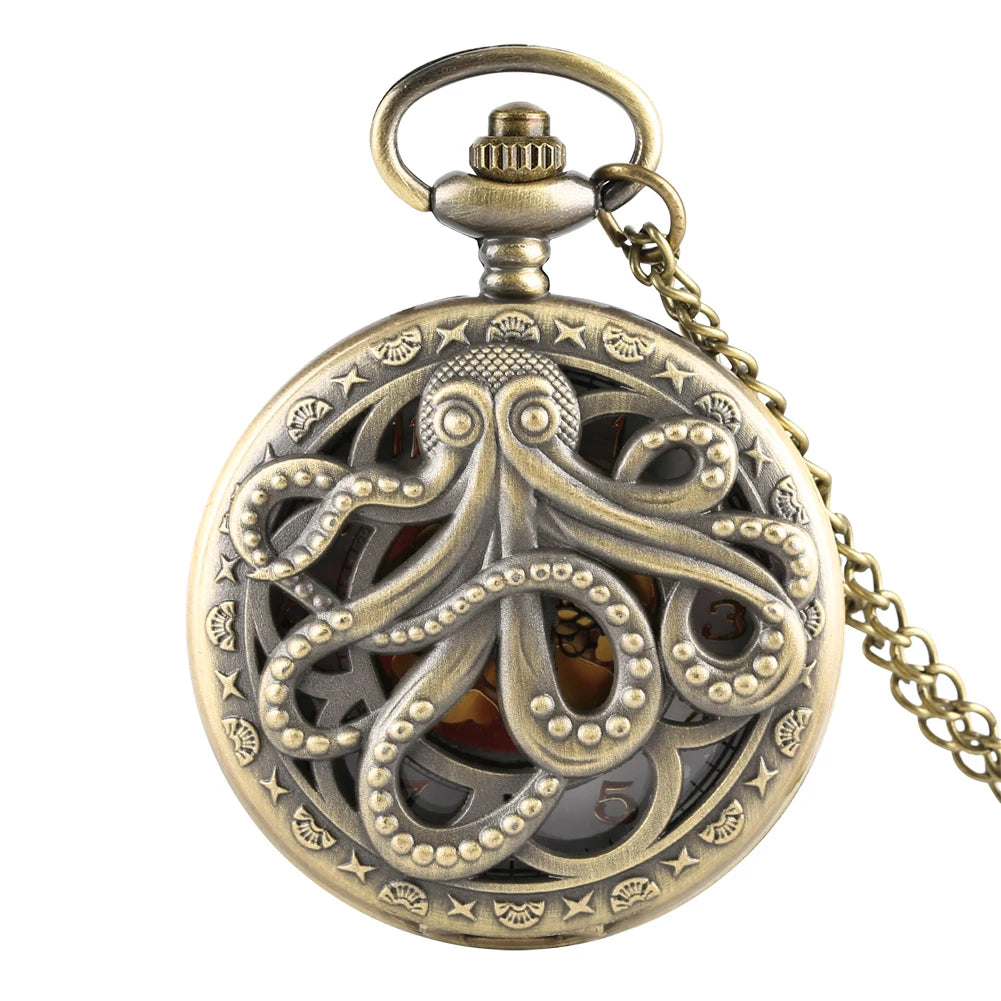 Retro Octopus Pattern Quartz Pocket Watch – Arabic Numerals Dial with Necklace Chain - All you need