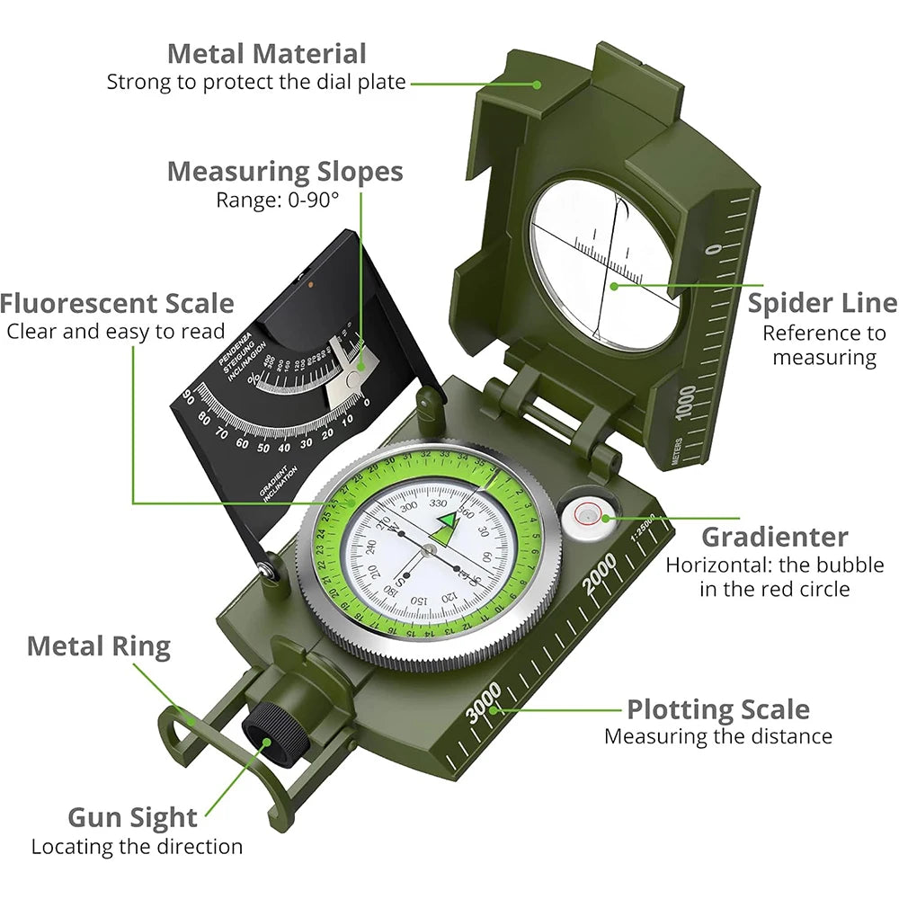 High-Precision Military Compass for Outdoor Navigation – Waterproof, Fluorescent, and Metal-Cased - All you need