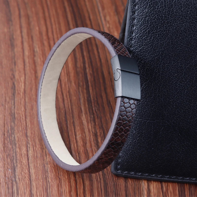 🧷 Men's Black Leather Bracelet – 21cm, Stainless Steel Magnetic Clasp - All you need