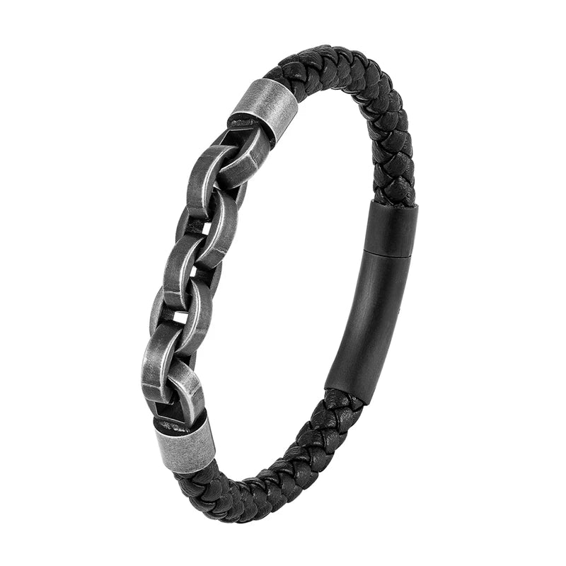 Men's Leather & Stainless Steel Bracelet – Magnetic Clasp, 21cm - All you need