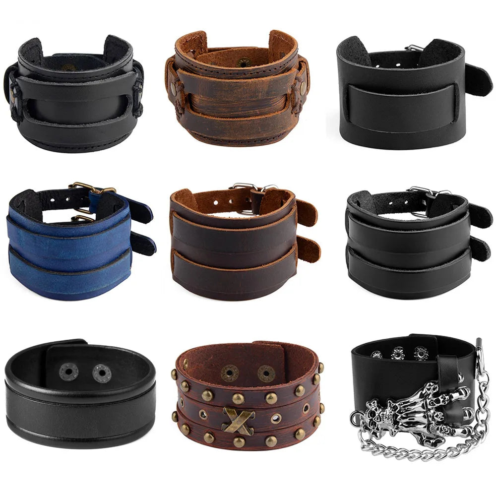Chanfar Wide Leather Punk Cuff Bracelet – Unisex Rock Style Accessory - All you need